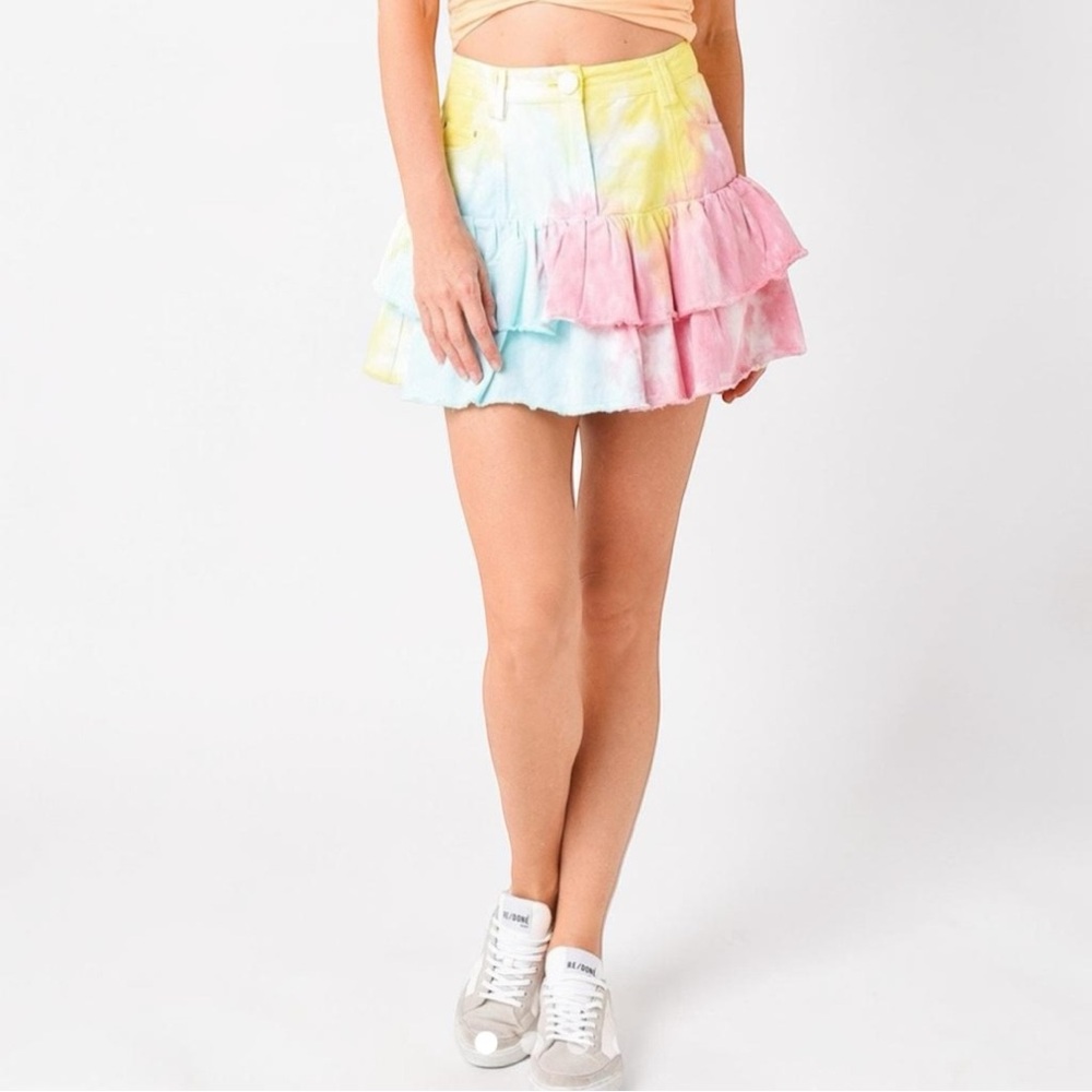 LoveShackFancy Landen Tie-Dye Tiered Mini Skirt Size 6
